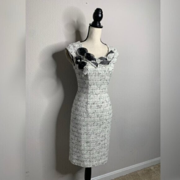 Kay Unger Tweed Sleeveless Floral Appliqué and Ruffle Neckline Sheath Dress - Picture 3 of 16